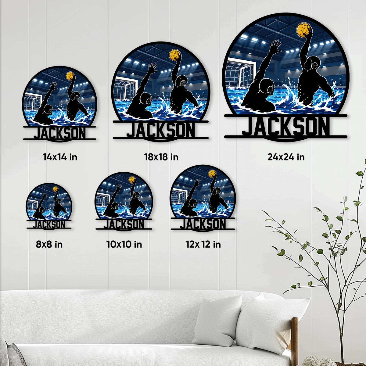 Water polo metal sign size guide showing six available square sizes from 8 by 8 to 24 by 24 inches