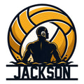 Custom water polo metal sign featuring a water polo player in the pool beneath a bold gold ball design