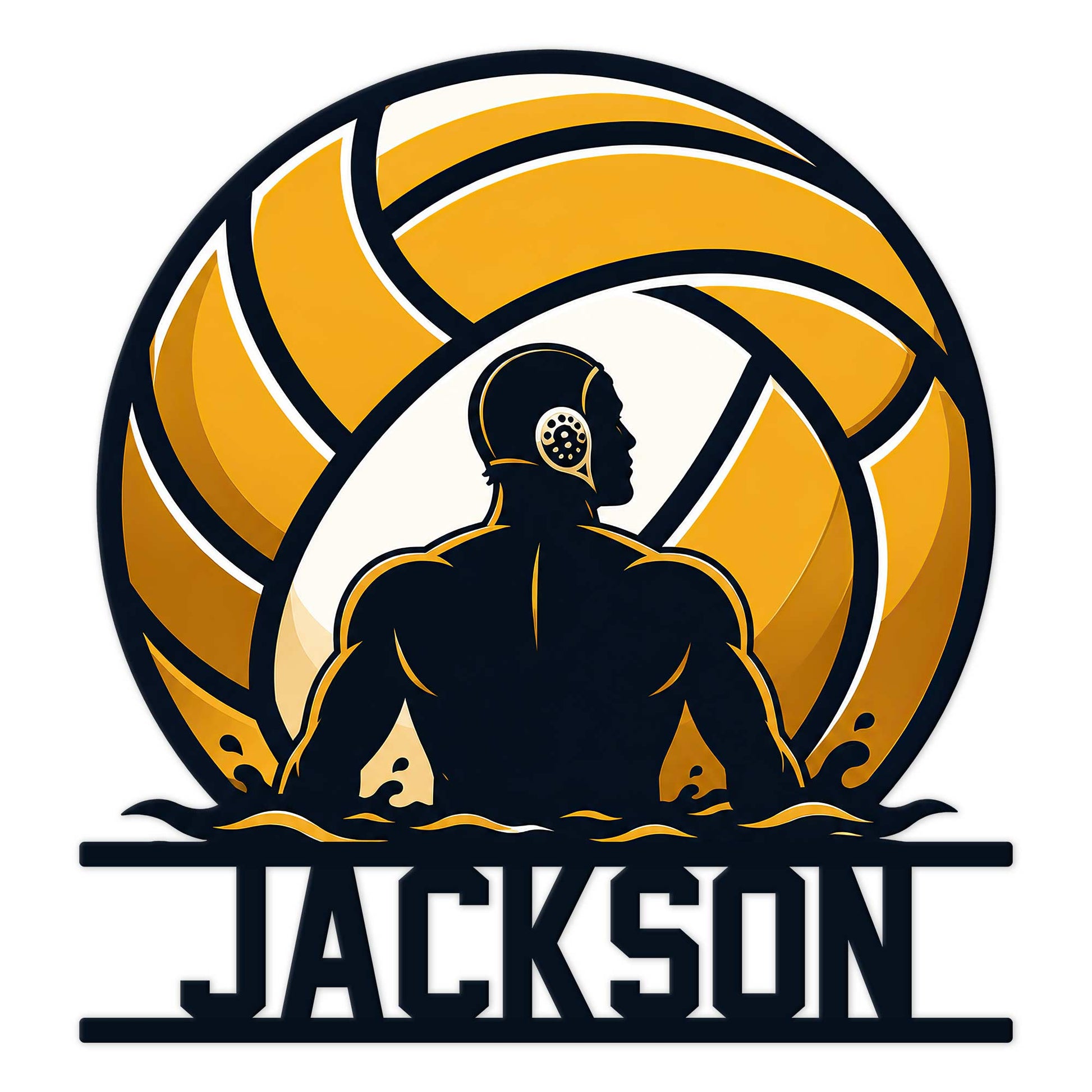 Custom water polo metal sign featuring a water polo player in the pool beneath a bold gold ball design