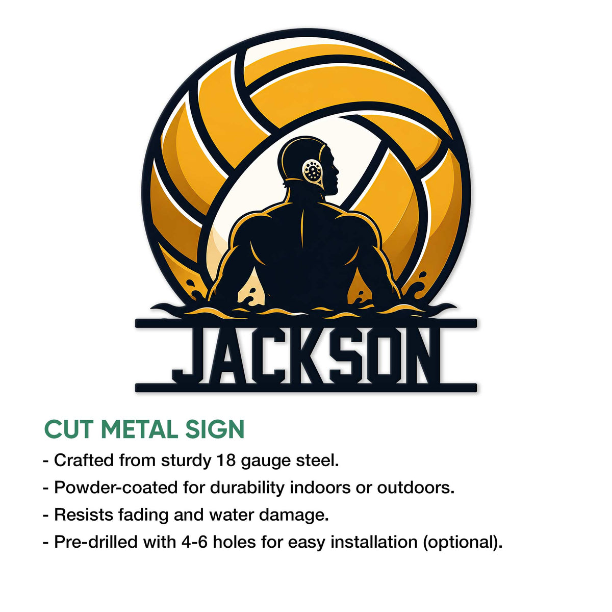 Water polo cut metal sign with a powerful player silhouette, pool waves, and oversized gold ball artwork