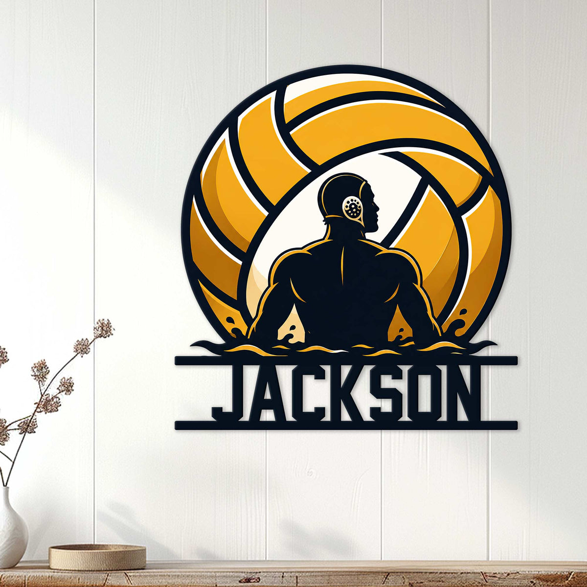 Water polo wall decor displayed on a white paneled wall above a console in a bright modern room