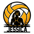 Custom water polo metal sign featuring a female player silhouette inside a bold orange water polo ball