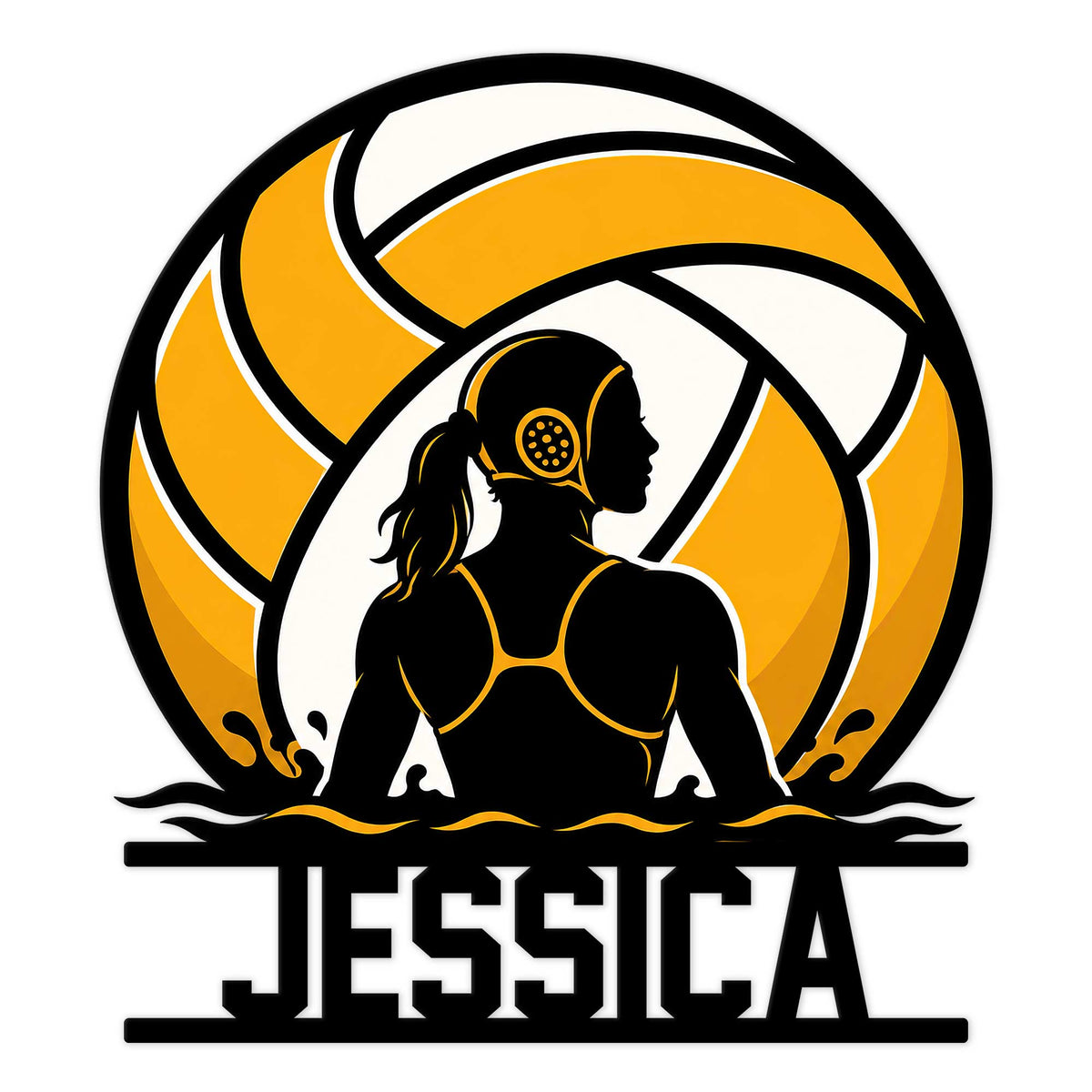 Custom water polo metal sign featuring a female player silhouette inside a bold orange water polo ball