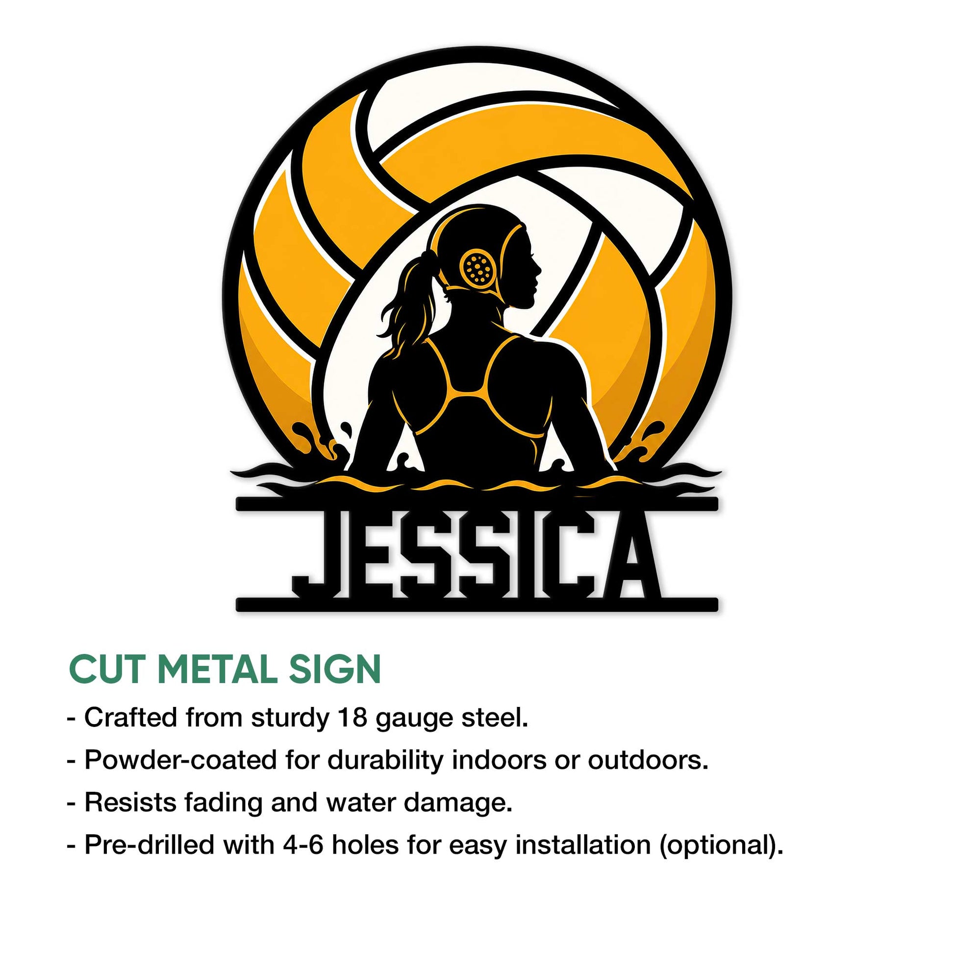 Water polo metal sign product graphic showing a female athlete silhouette, ball design, waves, and cut-metal styling