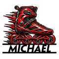 Bold red and black inline roller skate artwork on a custom metal sign for skating enthusiasts