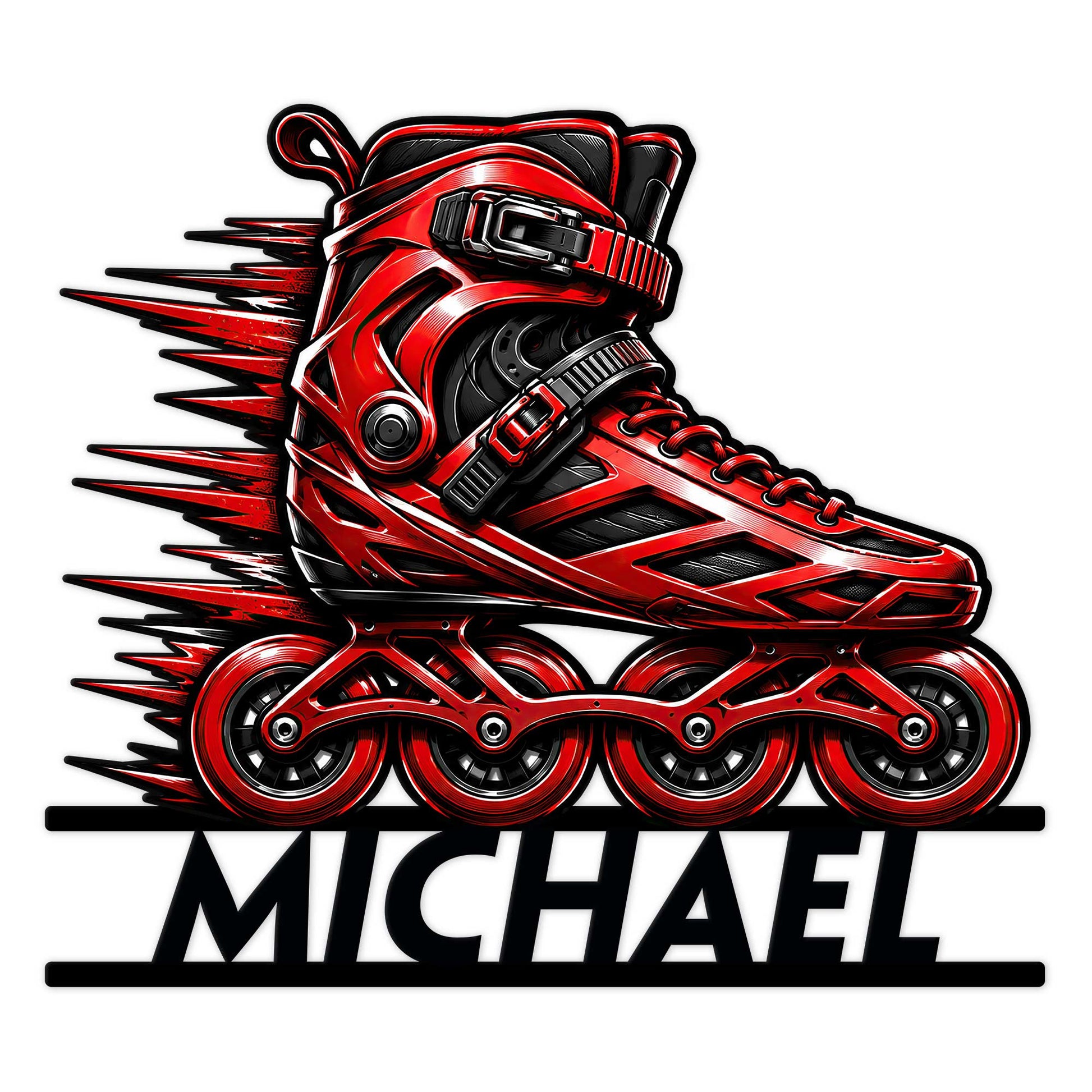 Bold red and black inline roller skate artwork on a custom metal sign for skating enthusiasts