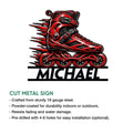 Red and black inline skate metal sign shown with a product presentation and feature infographic