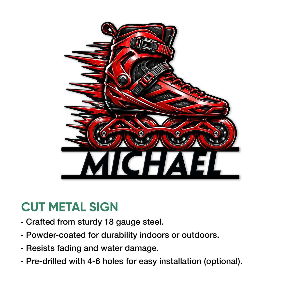 Red and black inline skate metal sign shown with a product presentation and feature infographic