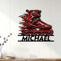 Inline roller skate wall sign displayed as modern decor on a light wood-paneled wall
