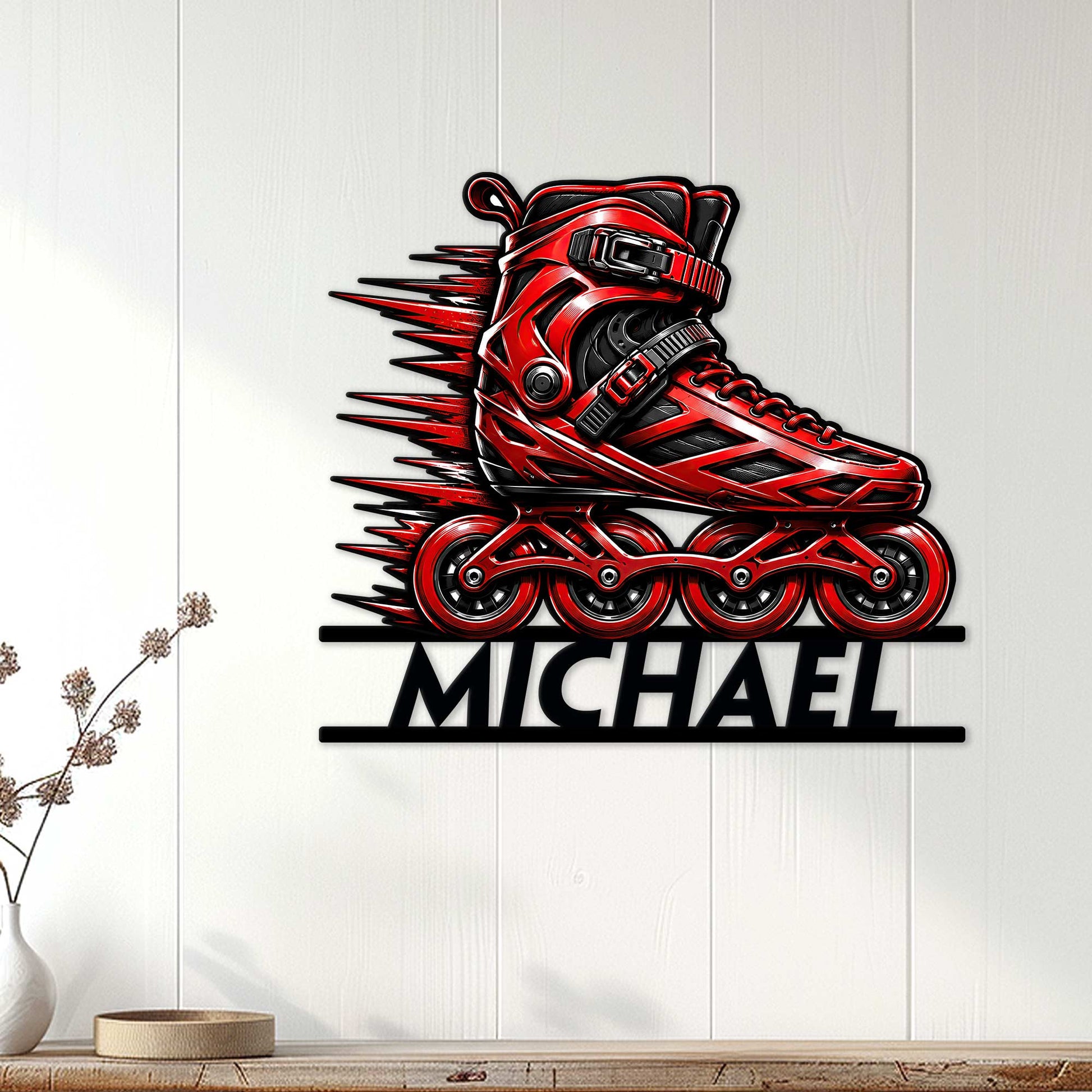 Inline roller skate wall sign displayed as modern decor on a light wood-paneled wall