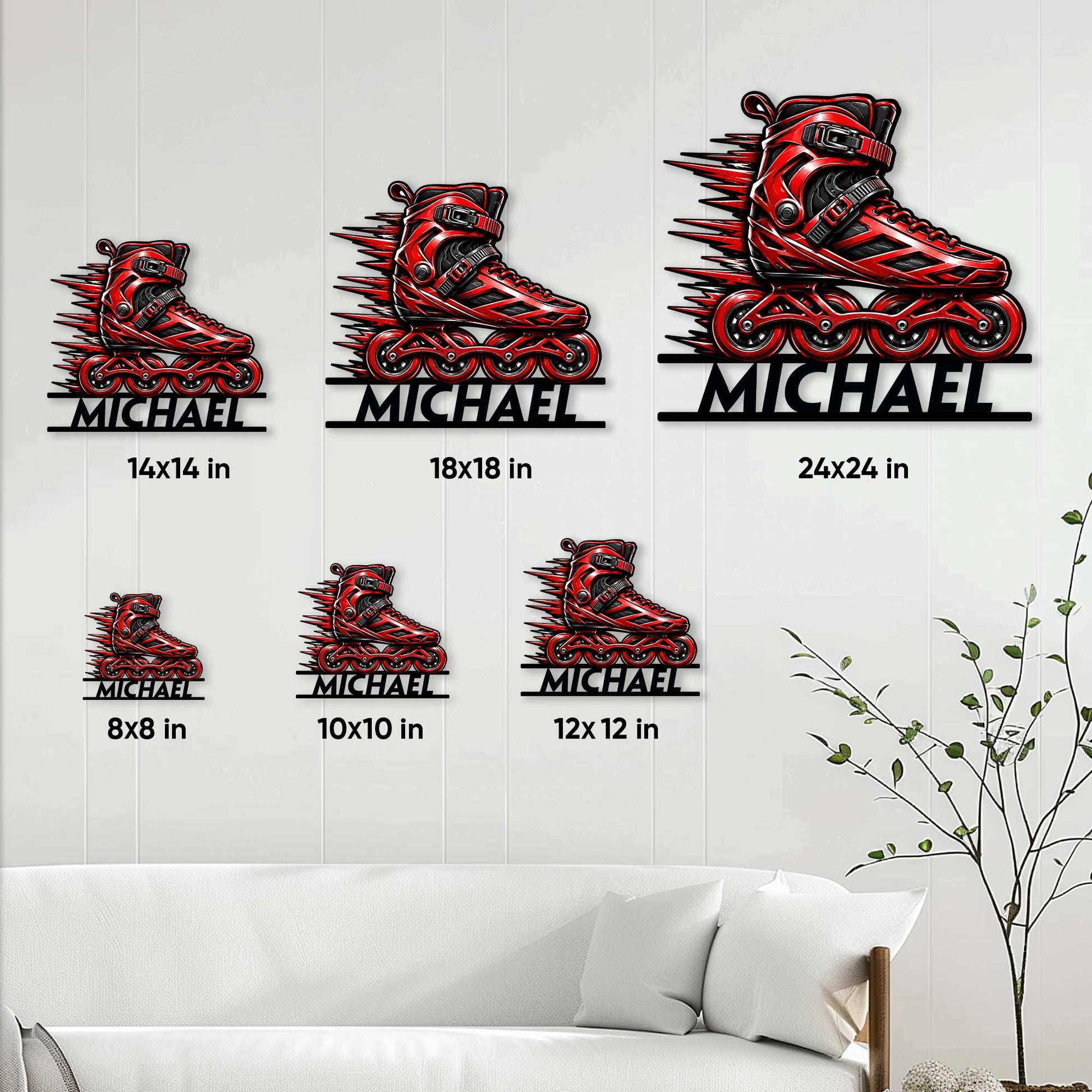 Inline skate metal sign shown in multiple size options for bedroom, game room, or skating decor