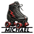 Black and red quad roller skate artwork on a custom roller skating metal sign