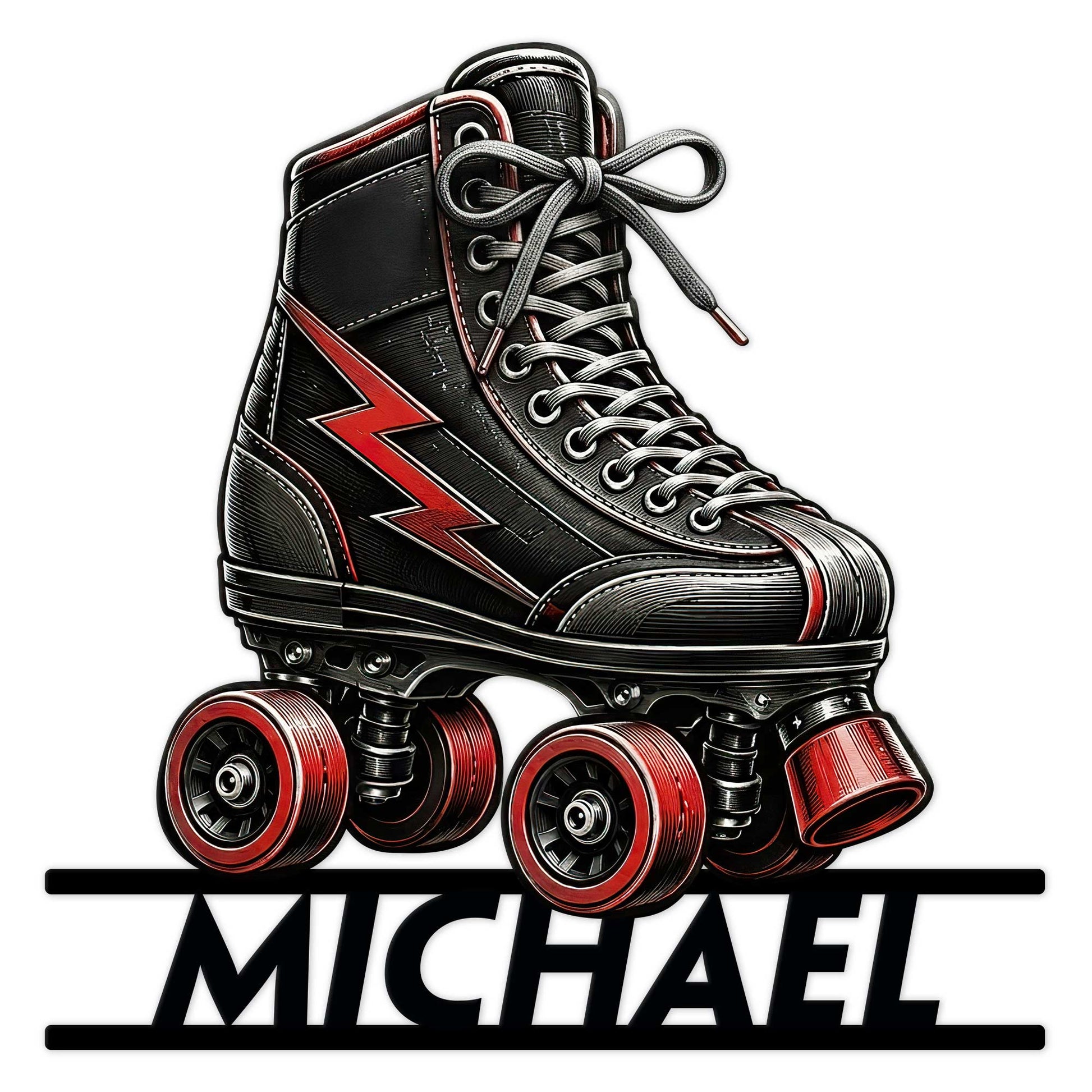 Black and red quad roller skate artwork on a custom roller skating metal sign