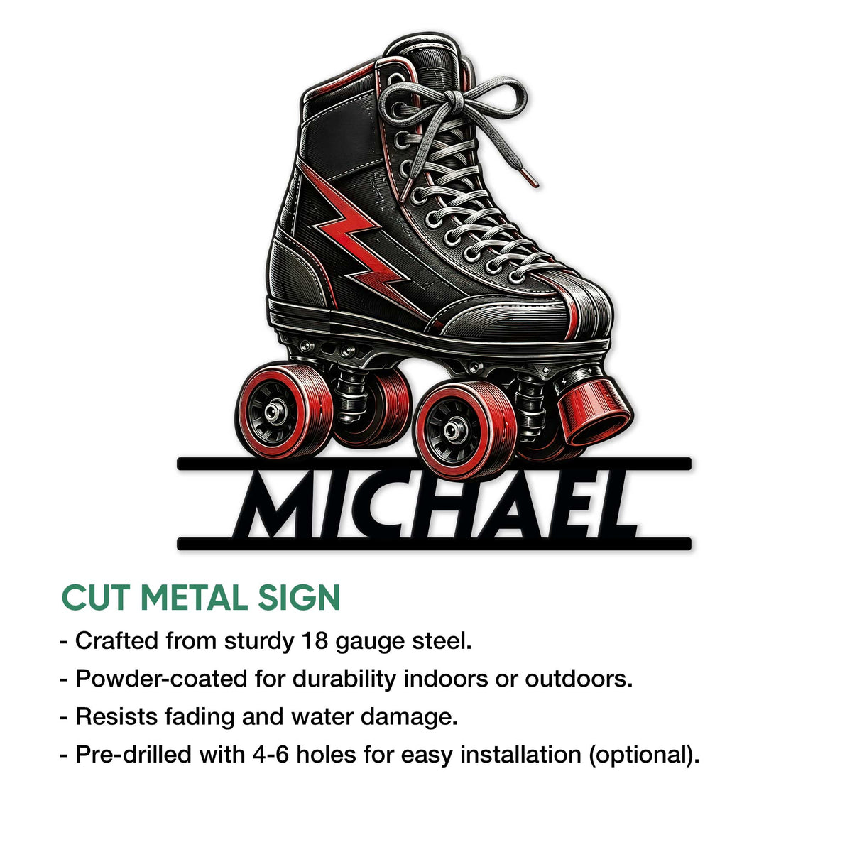 Roller skating metal sign feature graphic with a black and red quad skate design