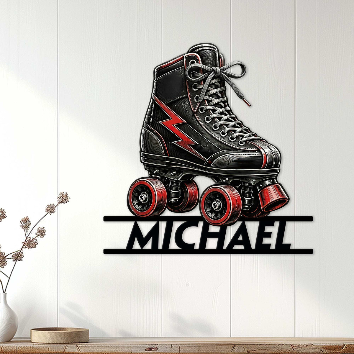 Roller skate wall decor displayed on a white paneled wall in a modern room