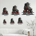 Roller skating metal sign shown in multiple size options above a living room sofa
