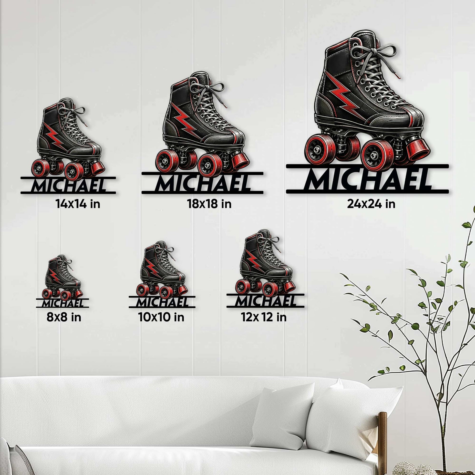 Roller skating metal sign shown in multiple size options above a living room sofa