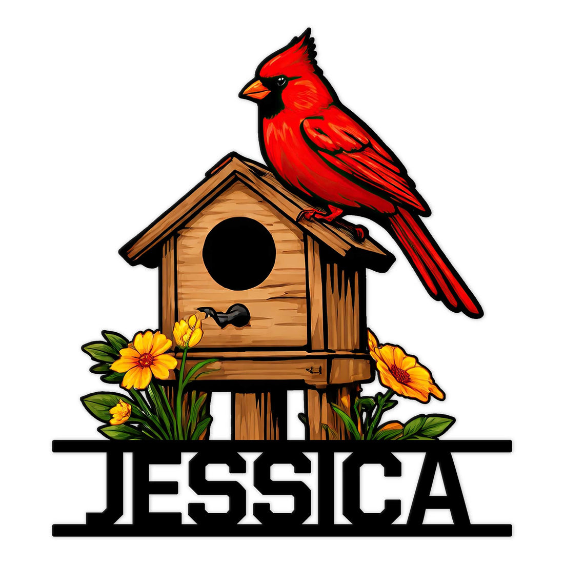 Cardinal metal sign featuring a bright red bird perched on a flower-framed birdhouse