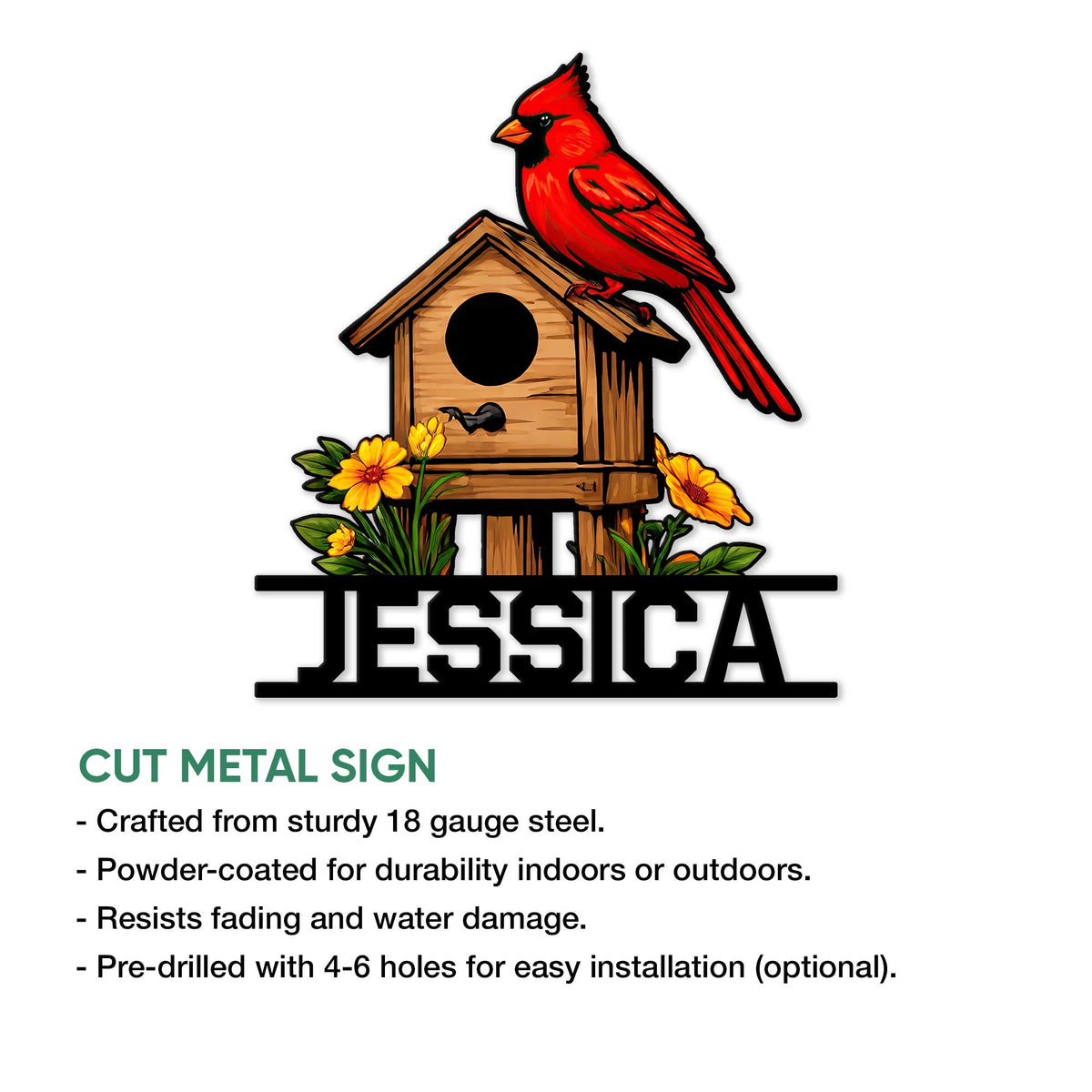Cardinal birdhouse metal sign shown with a cut-metal product features infographic