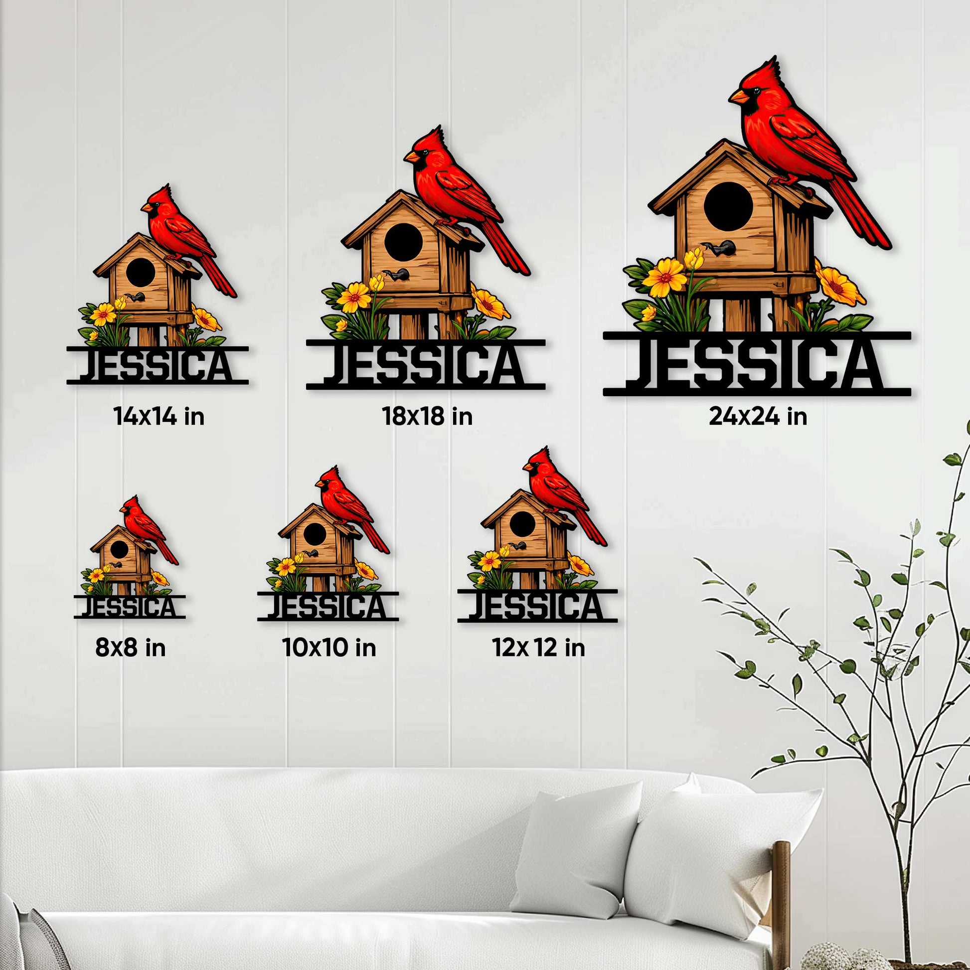 Cardinal birdhouse metal sign size guide showing six available square size options
