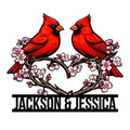 Custom cardinal metal sign featuring two red cardinals perched on flowering branches