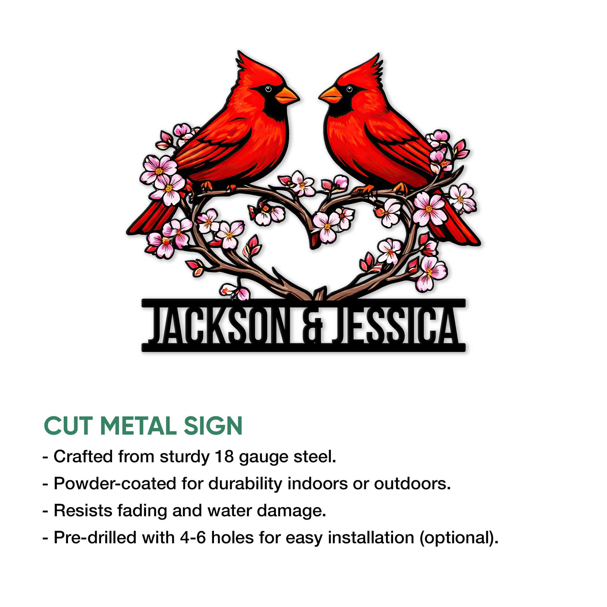 Cardinal couple metal sign shown with a flowering branch design and cut-metal sign details
