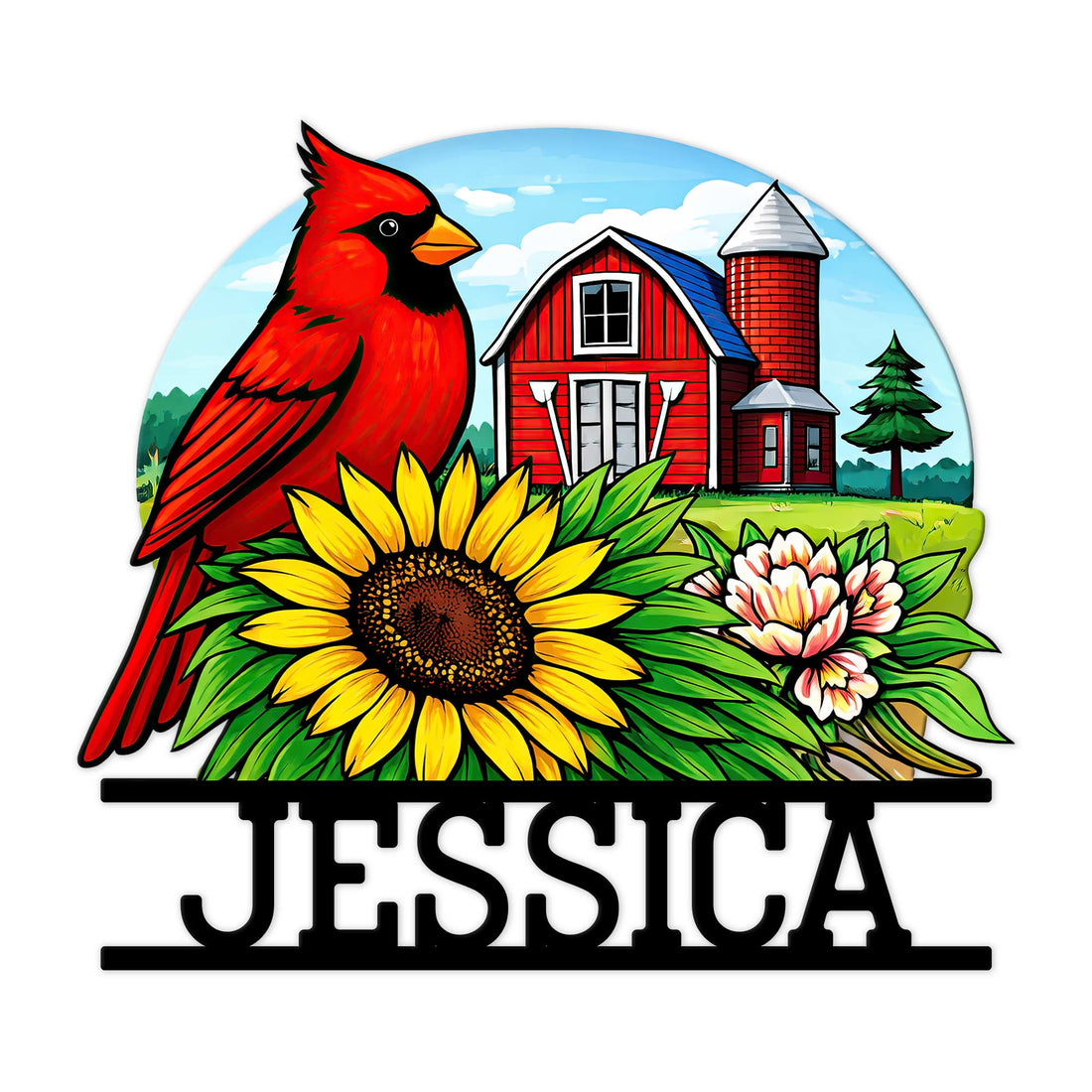 Colorful cardinal metal sign with a red barn, sunflower, wildflowers, and rustic farm landscape
