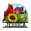 Colorful cardinal metal sign with a red barn, sunflower, wildflowers, and rustic farm landscape