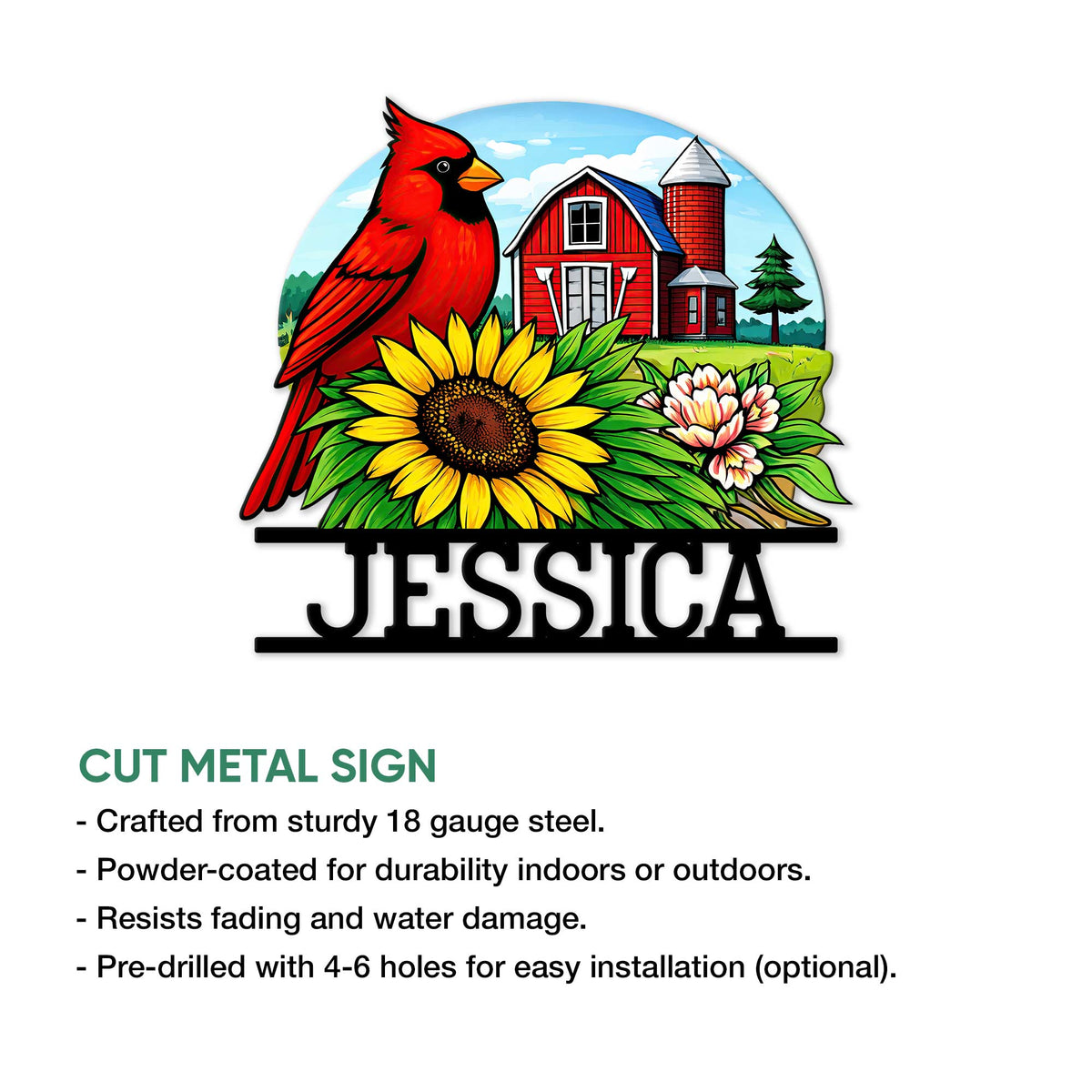 Cardinal farmhouse metal sign featuring a barn scene, sunflower garden, and cut metal sign details