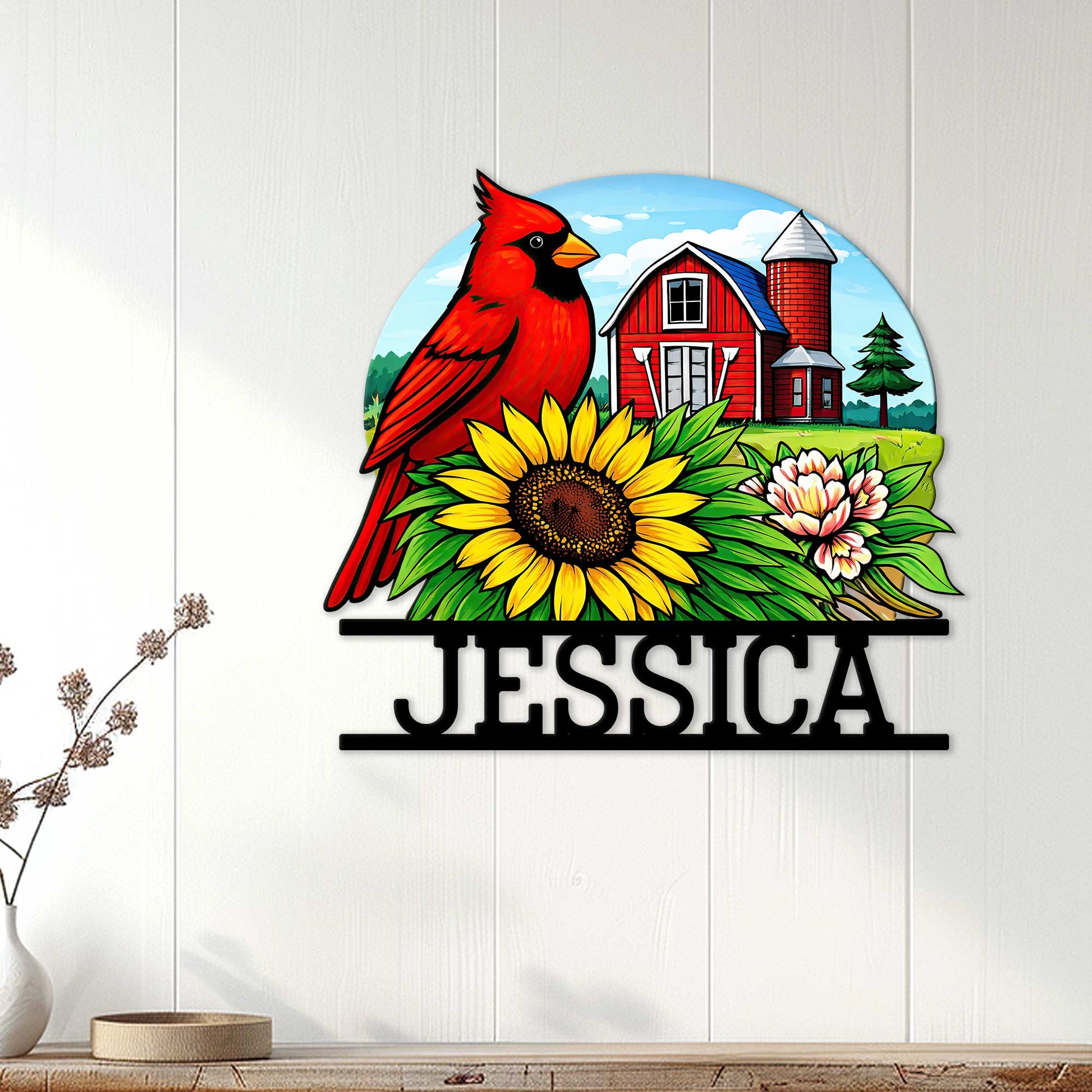 Cardinal bird wall decor displayed on a light wood wall with a bright sunflower and farm scene