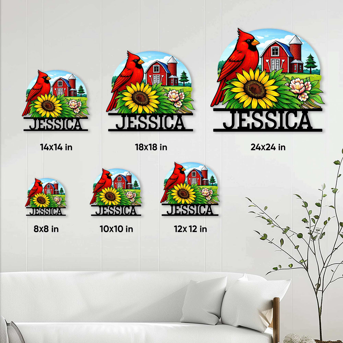 Cardinal metal sign size guide showing multiple available square sizes in a farmhouse room setting