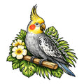 Colorful cockatiel perched on a branch with tropical leaves and flowers in a parrot sign design