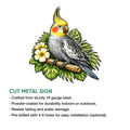 Cockatiel parrot metal sign artwork shown with cut metal sign features and tropical foliage