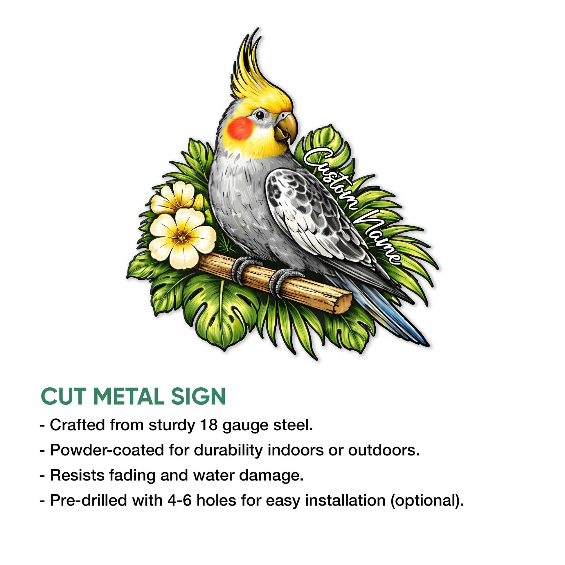 Cockatiel parrot metal sign artwork shown with cut metal sign features and tropical foliage