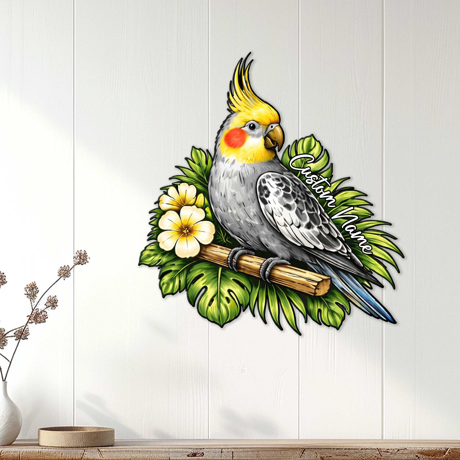Cockatiel metal wall sign displayed on a light wood-paneled wall in a home decor setting