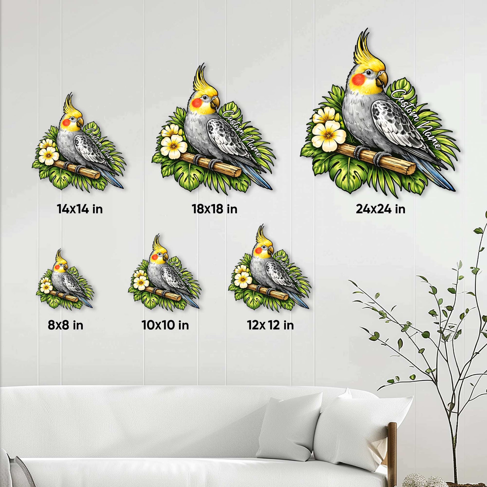 Cockatiel parrot metal sign size guide showing available square sizes from 8 to 24 inches