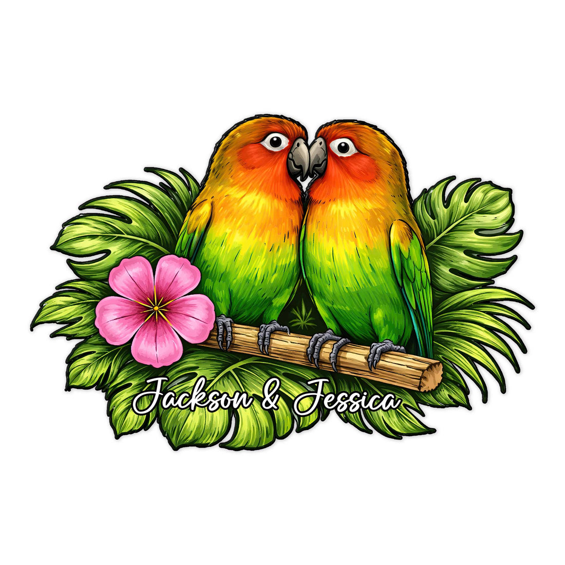 Colorful pair of lovebird parrots perched on a branch among tropical leaves and a pink flower