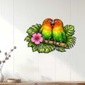 Tropical parrot couple wall decor displayed on a white wood-paneled interior wall