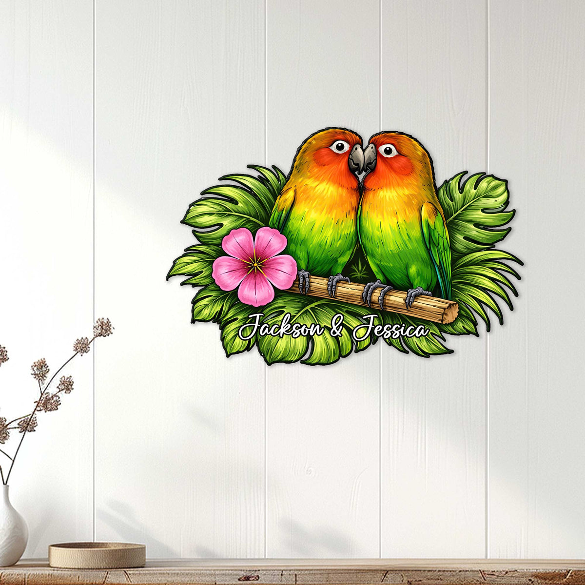 Tropical parrot couple wall decor displayed on a white wood-paneled interior wall