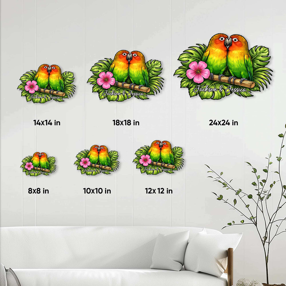 Size guide showing the parrot metal sign in six square sizes from 8x8 to 24x24 inches