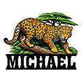 Custom leopard metal sign featuring a spotted big cat resting on a branch beneath tropical foliage