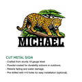 Leopard cut metal sign shown with product features and a bold jungle wildlife design