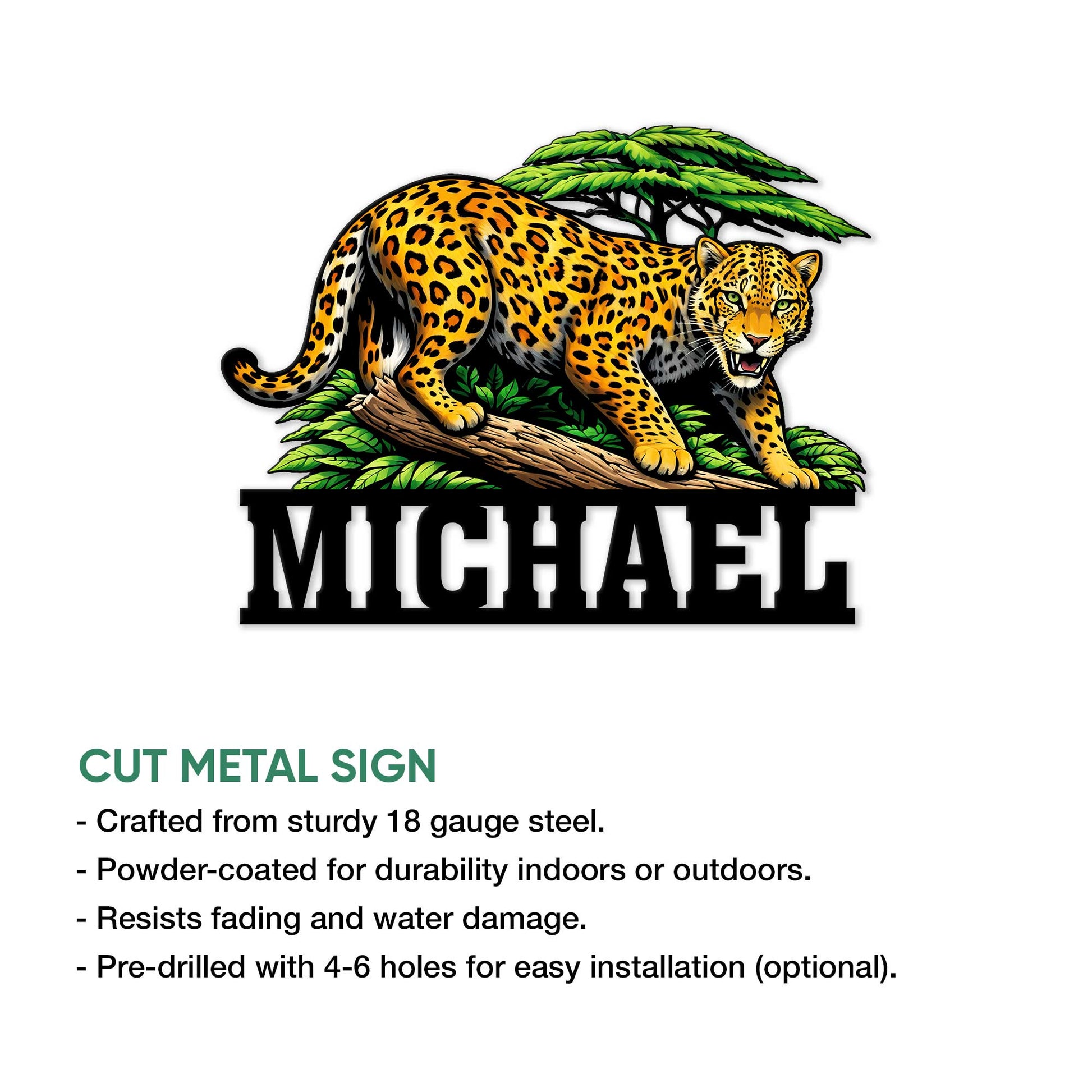 Leopard cut metal sign shown with product features and a bold jungle wildlife design