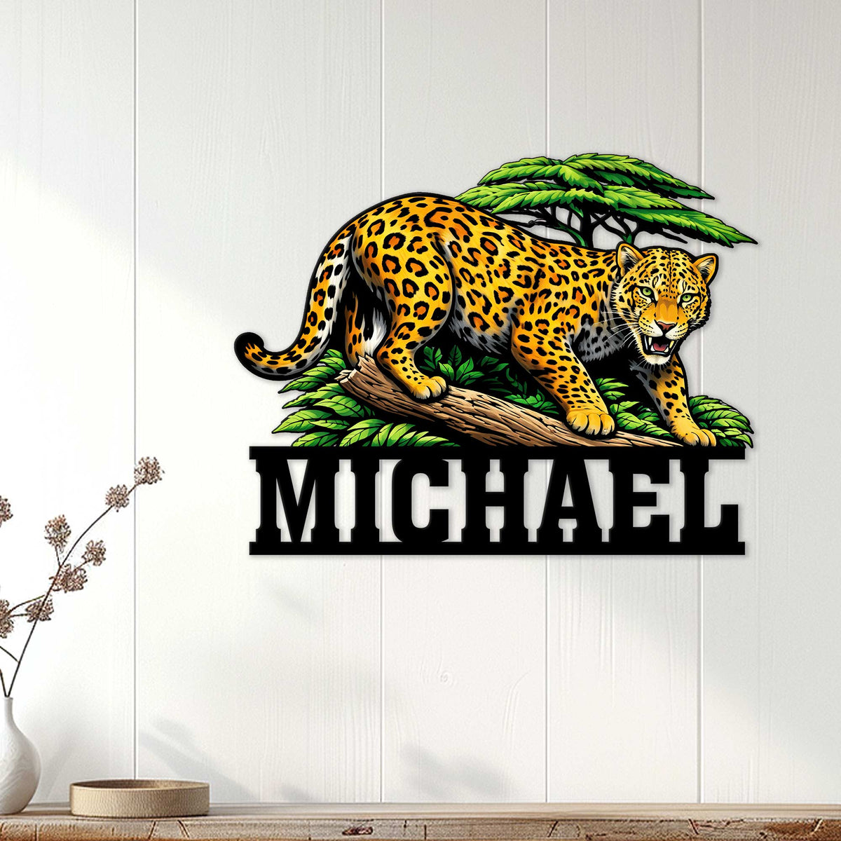 Leopard wall sign displayed on a light wood-paneled wall as colorful wildlife home decor