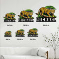 Leopard metal sign size guide showing available square sizes from 8 by 8 to 24 by 24 inches