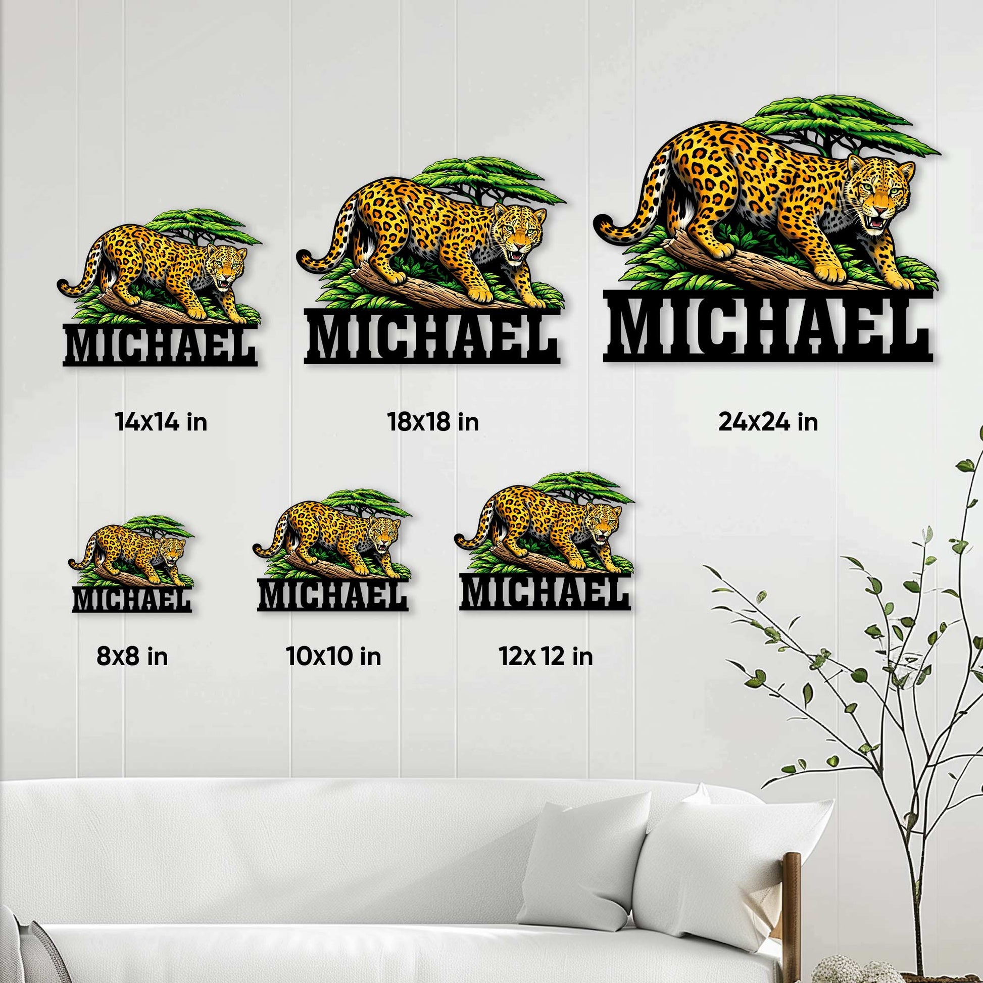 Leopard metal sign size guide showing available square sizes from 8 by 8 to 24 by 24 inches