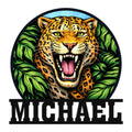 Custom leopard metal sign featuring a fierce big cat portrait surrounded by vivid tropical jungle leaves