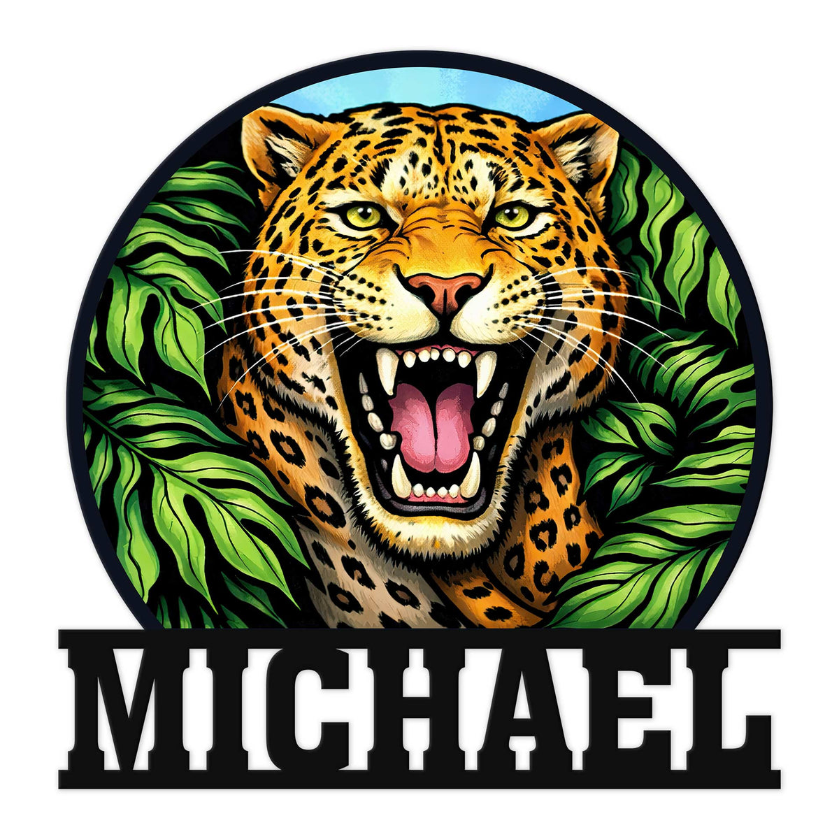 Custom leopard metal sign featuring a fierce big cat portrait surrounded by vivid tropical jungle leaves