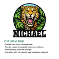 Leopard cut metal sign shown with product feature details and a bold jungle animal design
