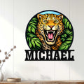 Leopard wall sign displayed on white wood paneling as colorful tropical decor